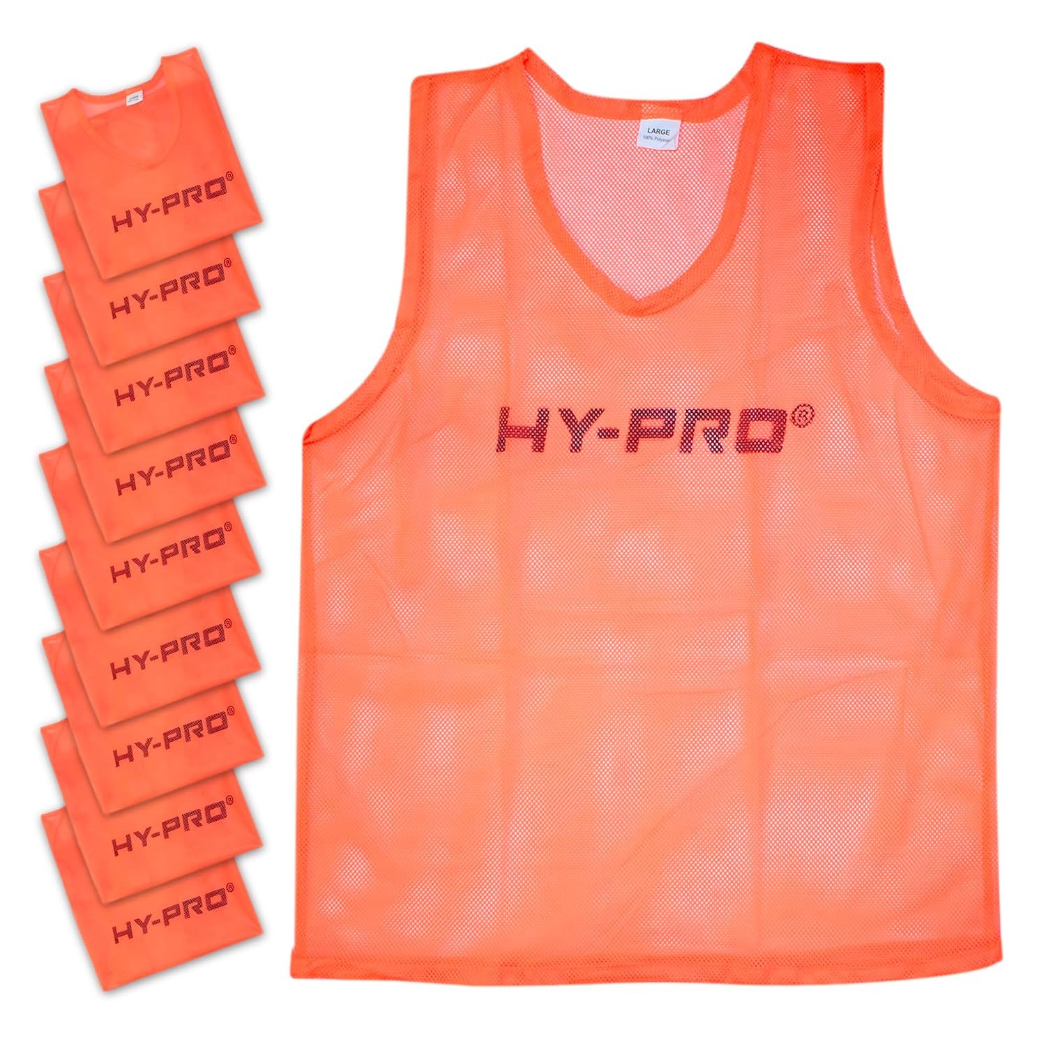 Hy-Pro Training Bibs, Pack of 10, Large Size, Orange Mesh, Sports Practice Vests, Lightweight, Breathable, Football Rugby Sports Bibs, Training Equipment