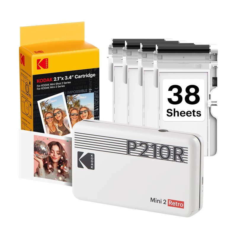 KODAK Mini 2 Retro 2x3 Mobile Photo Printer, 38 Sheets, Bluetooth Phone Printer Compatible With iOS & Android Smartphones, Instant Colour Prints, 4PASS Dye Sublimation, White