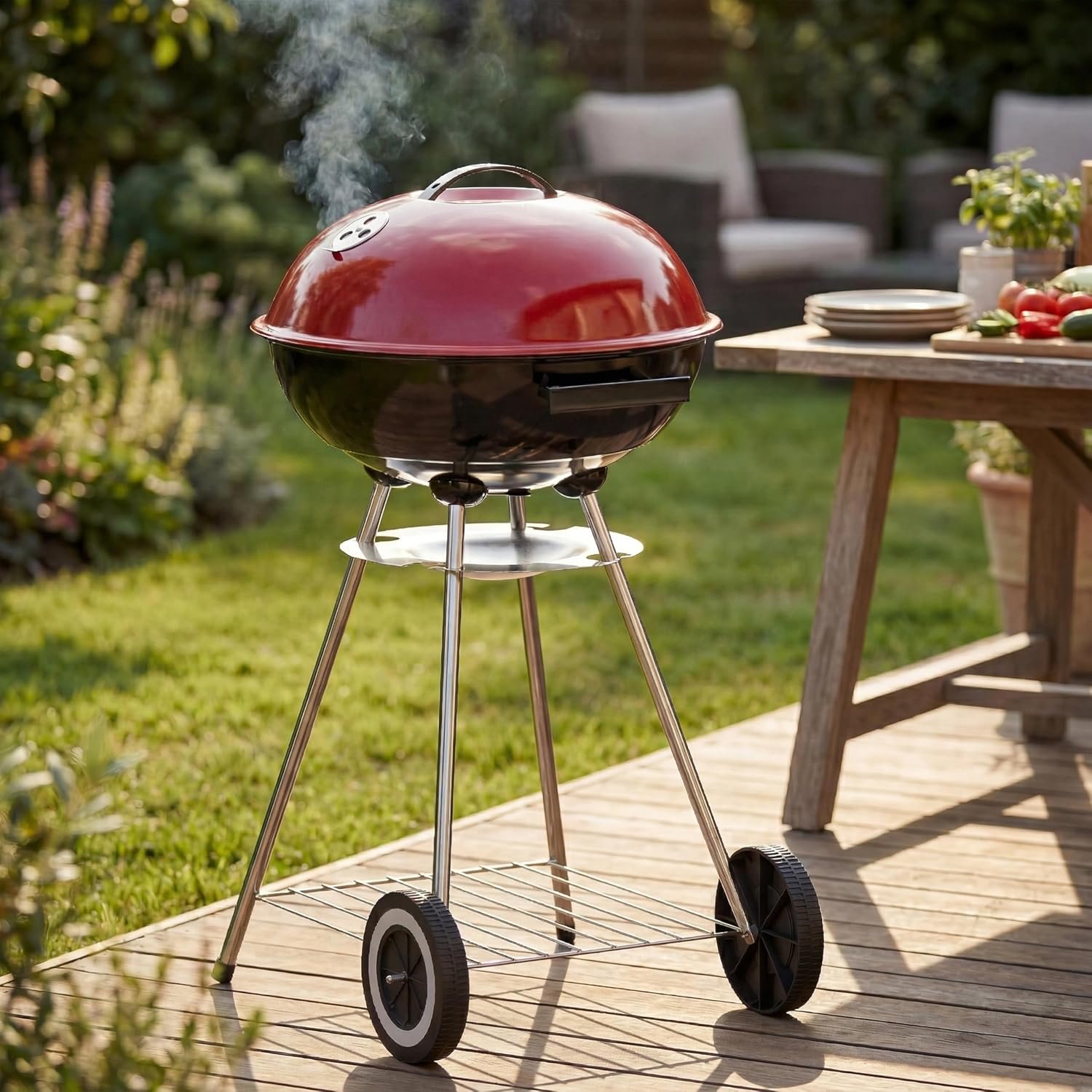 Garden Vida Memphis Patio 21" BBQ Grill | Red & Black | Chrome Plated | 84H x 45.5W x 53D cm | Space-Saving, Air Vent, Tray, Storage Shelf | Grill Meat, Fish & Vegetables at Home, Garden & Camping