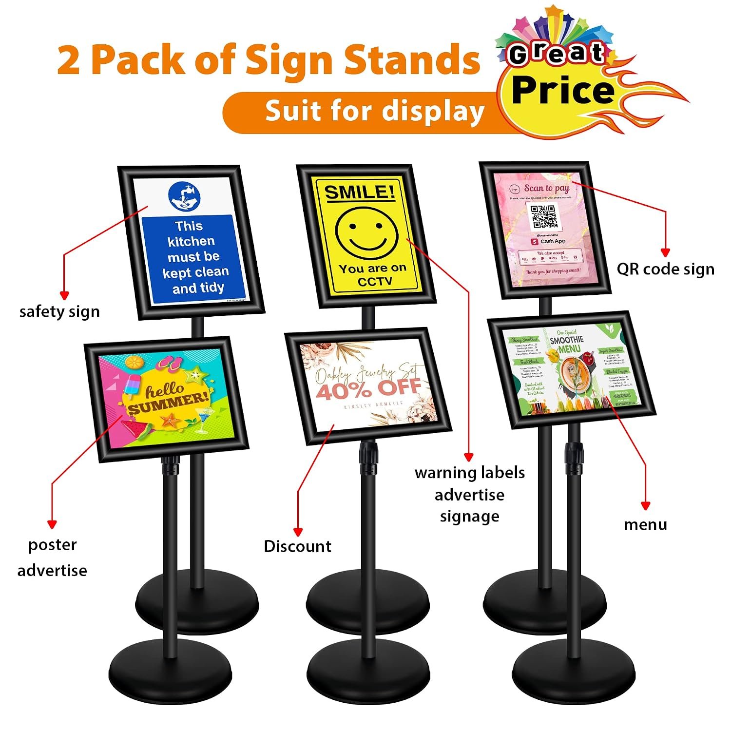 VAIIGO 2Pack Adjustable Sign Stand A4 Aluminum Poster Menu Stand Floor Standing Sign Holder for Signage, Poster, Menu, Ads, Sales, Notice Display Stand Holder (Black, 2Pack)