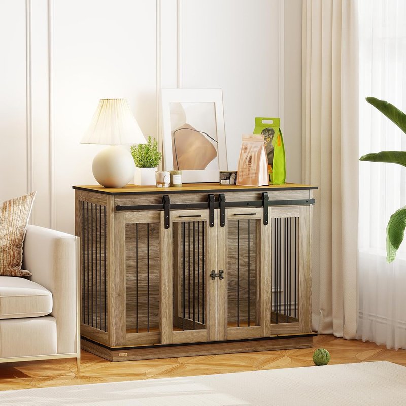 PawHut Dog Crate Furniture for Large Dog, Double Dog Cage for Small Dogs with Divider, Sliding Doors - Oak Tone