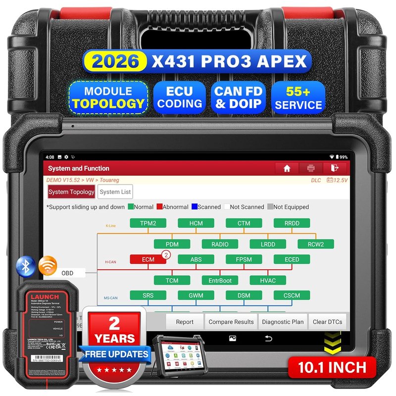 LAUNCH X431 PRO3 APEX OBD2 Scanner Wireless Diagnostic Tool with DBScar VII, OEM Topology Mapping, Online Coding, CANFD DoIP, 55+ Services, AutoAuth FCA SGW,10.1 Inch