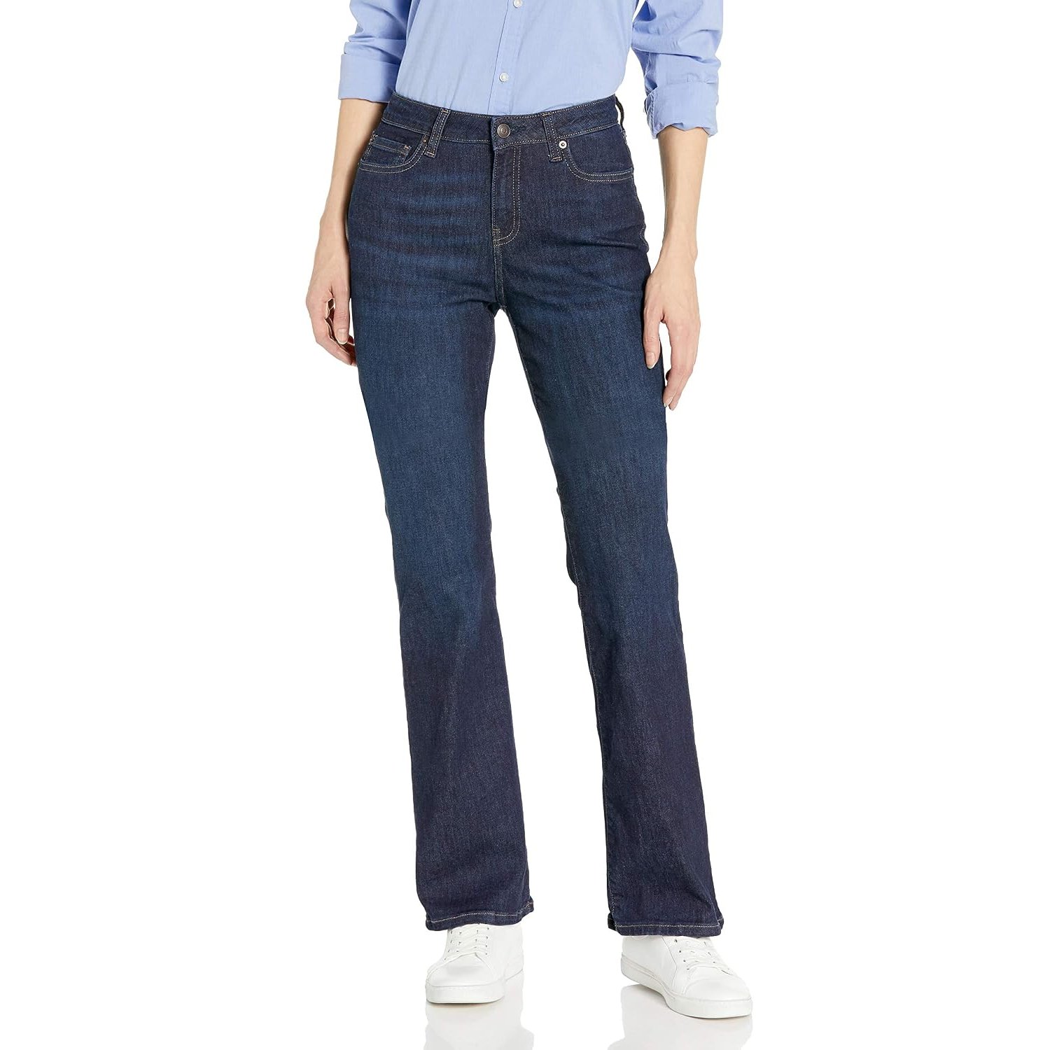 Amazon Essentials Women's Mid-Rise Stretchy Slim Bootcut Jeans, Dark Wash, 10 Long