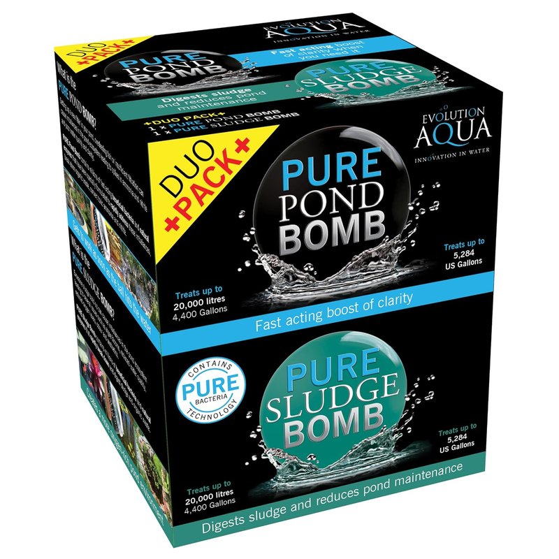 Evolution Aqua Pure Duo Pack Pond Bomb & Sludge Bomb Pond Clear Water Treatment Pond Sludge Remover - Duo Value Pack Offers Complete Natural Pond Water Treatment for Fish Ponds