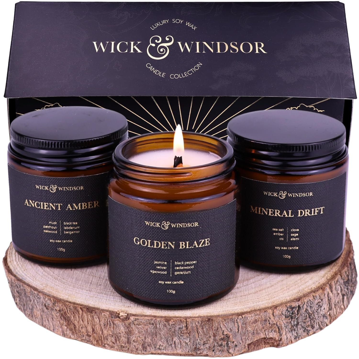Wick & Windsor | Scented Candle Gift Set | Origins Collection | 3 Luxury Soy Wax Candles | Wooden Wick | 3×100g | Amber, Black Pepper & Sea Salt | Gift for Him - Birthday, Christmas & Father's Day