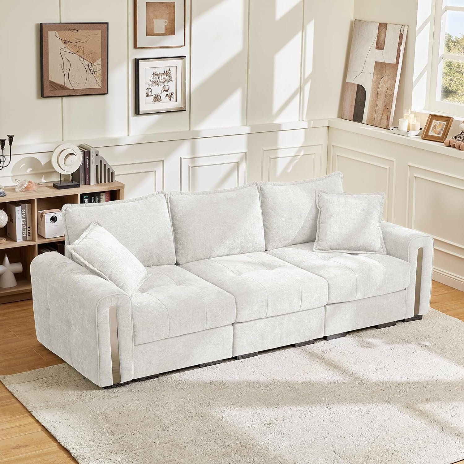 Vesgantti 3 Seater Sofas with Storage, Modular Sectional Sofa for Living Room in White Soft Chenille, Small Couch for Bedroom, Home Office, Studio, 3 Seater