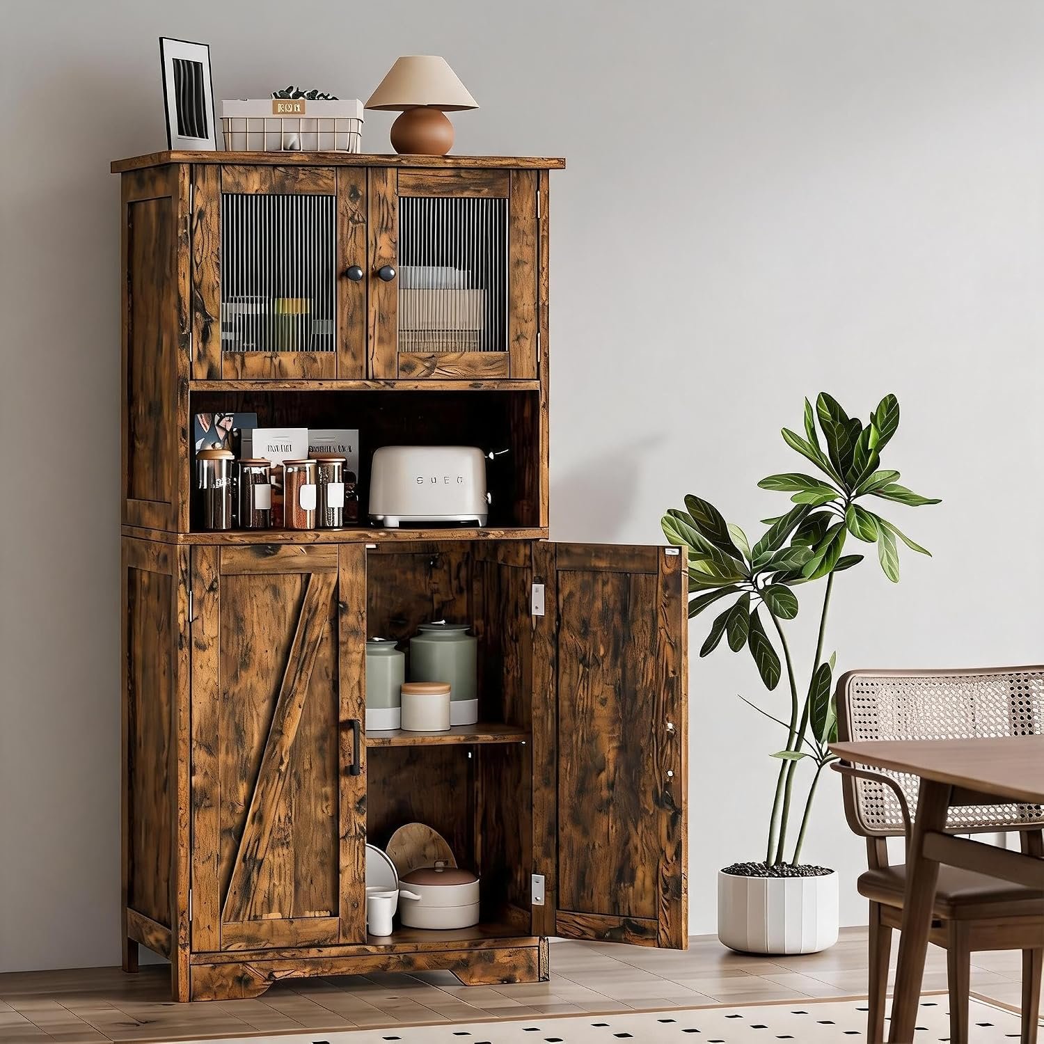 GarveeMore Kitchen Cabinet, Kitchen Cupboard with Glass Doors and Adjustable Shelves, Wooden Floor Cupboard with 4 Doors for Kitchen and Living Room Storage, Brown