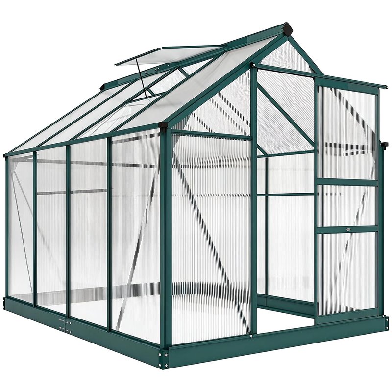 Outsunny 6 x 8ft Polycarbonate Greenhouse, Large Walk-In Green House with Slide Door and Window, Garden Plants Grow House with Aluminium Frame and Foundation, Dark Green