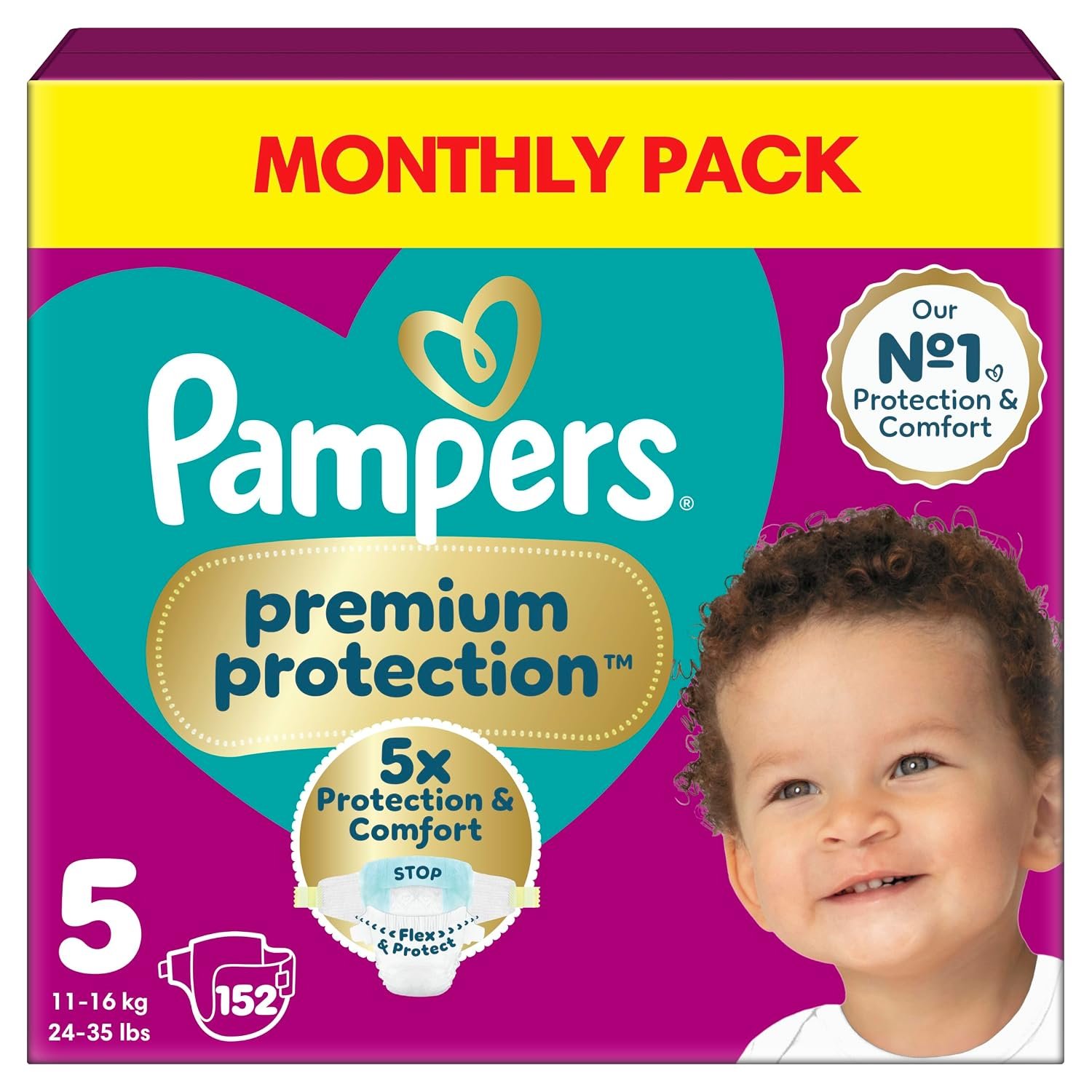 Pampers Premium Protection Size 5, 152 Baby Nappies, 11kg-16kg, Monthly Pack with Pampers Harmonie Aqua Baby Wipes 1 Pack of 10 Wipes