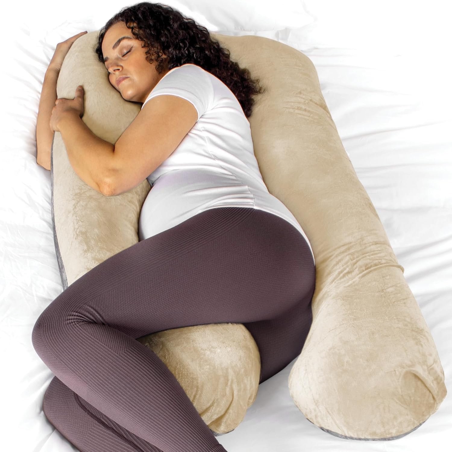 Aamira Cream & Dark Grey Two-tone Pregnancy Pillow, U Shaped 130x75cm Shredded Memory Foam Maternity Pillow, Full Body Support Pregnancy Pillows for Sleeping, Machine Washable & Removable Velvet Cover