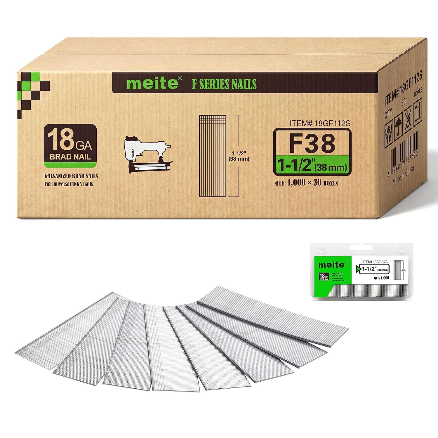 meite 18 Gauge Brad Nails 38 mm, Galvanised Brad Nails, 30,000 Counts