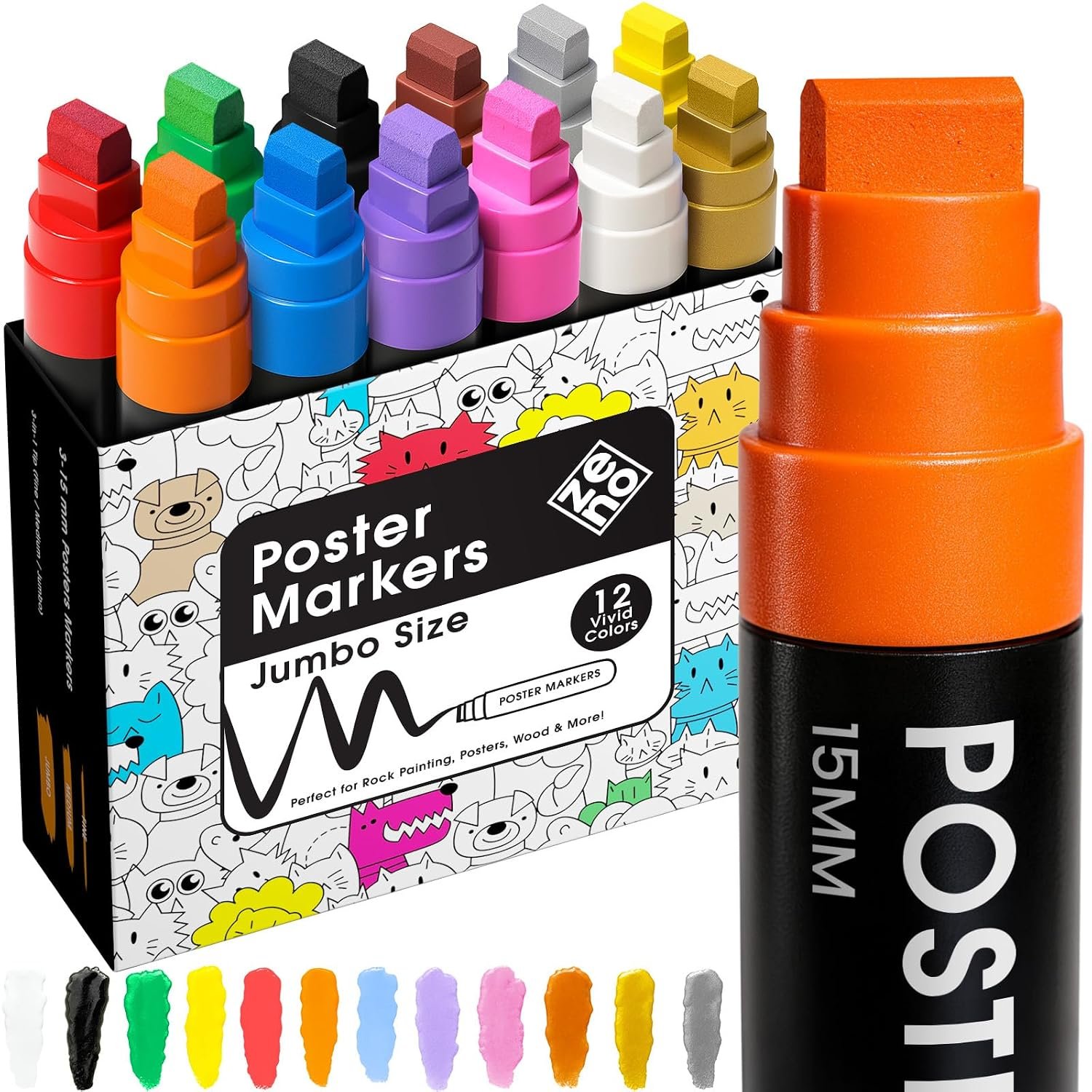 ZENO Jumbo Acrylic Paint Pens – 12 Vibrant Colours, 3-in-1 15mm Chisel Tip, Waterproof Poster Pens for Rocks, Wood, Glass, Fabric, Crafts, Thick Colouring Pens for Artists & Children