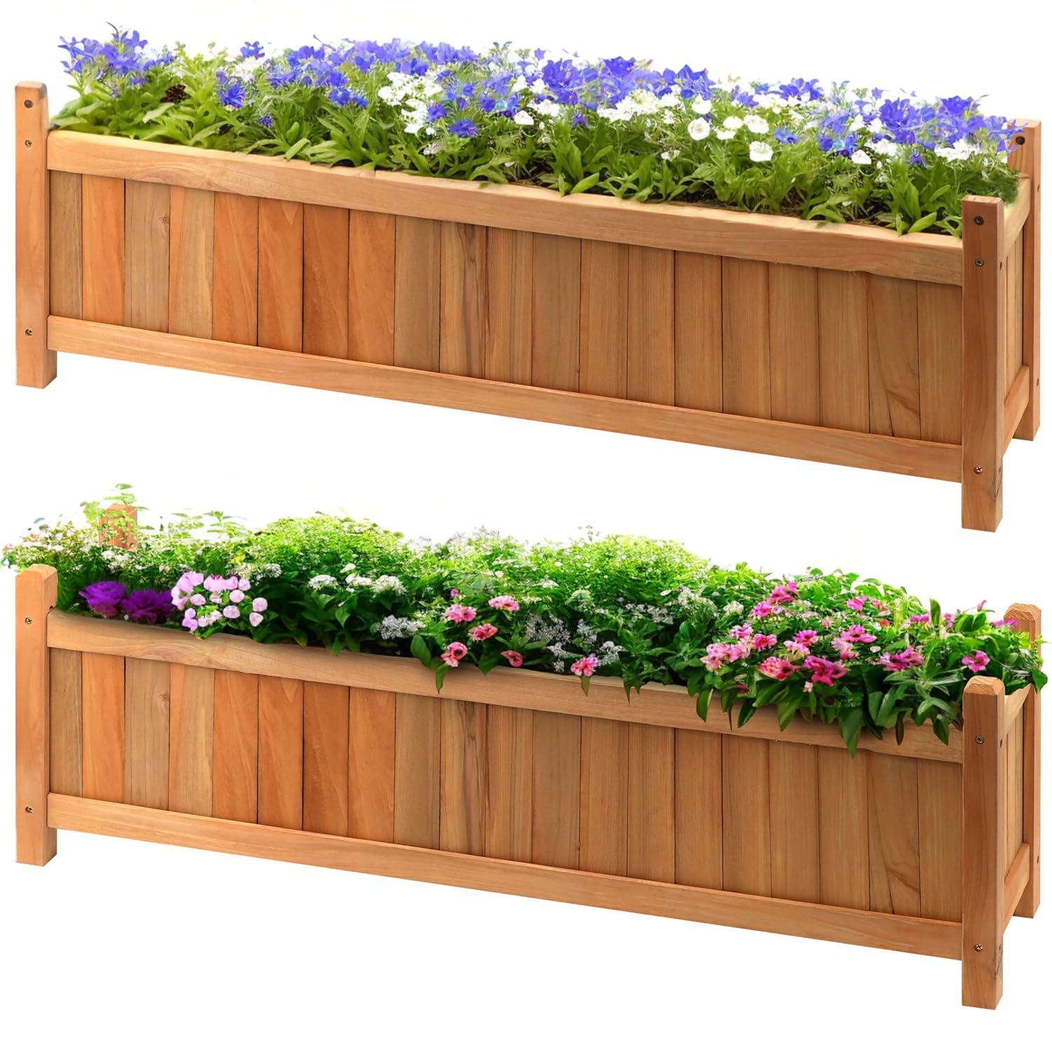 GEEZY 2x Wooden Rectangular Garden Planters & Flower Pots - Classic Large Raised Bed Baskets - Easy Assembly & Durable Wood Construction - Perfect for Patio, Balcony, or Backyard Gardening