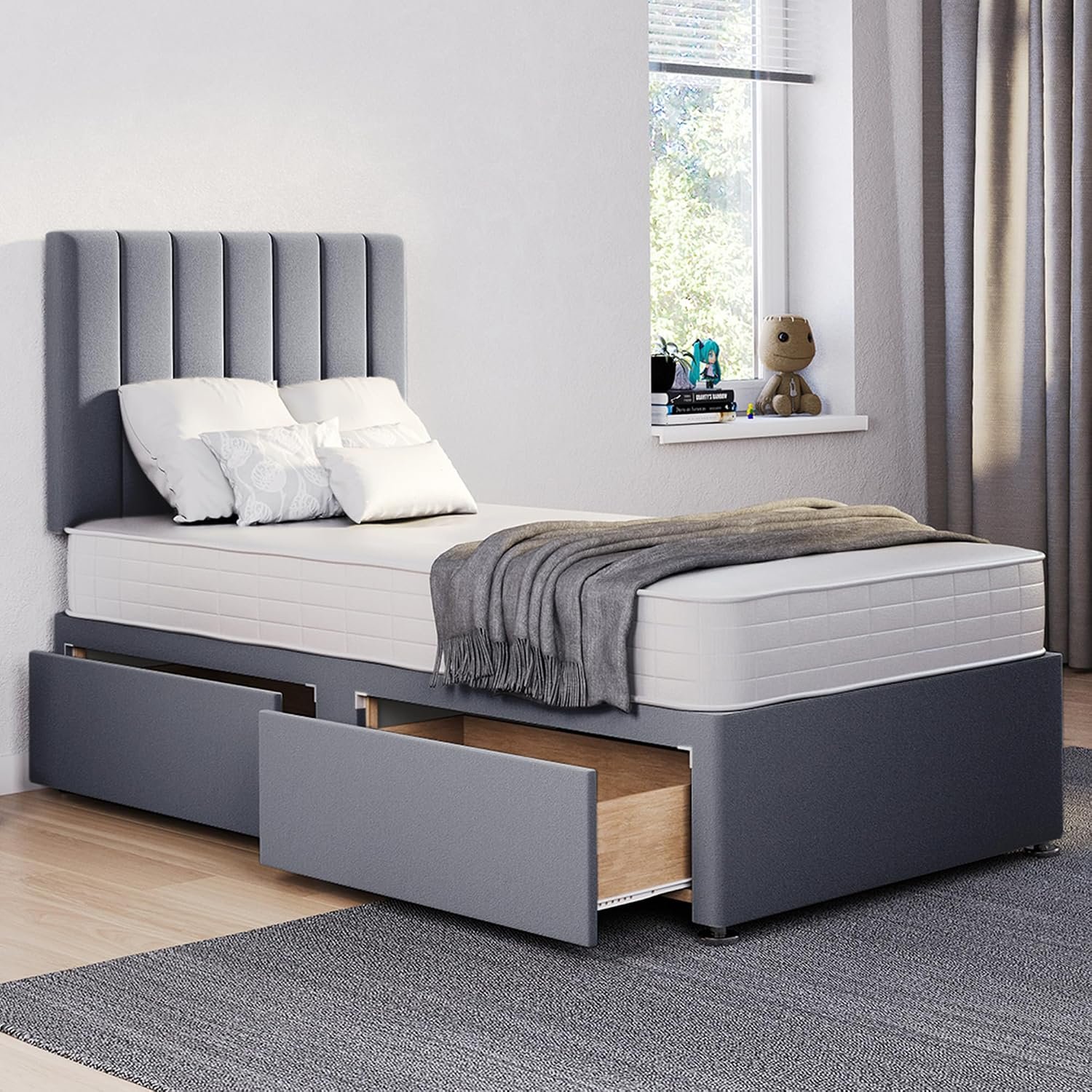 ComfoRest 3FT Single Bed with Mattress and storage drawers (x2) – Grey divan base and 24 inch Stripe headboard – orthopaedic, medium-firm 3FT mattress, UK made