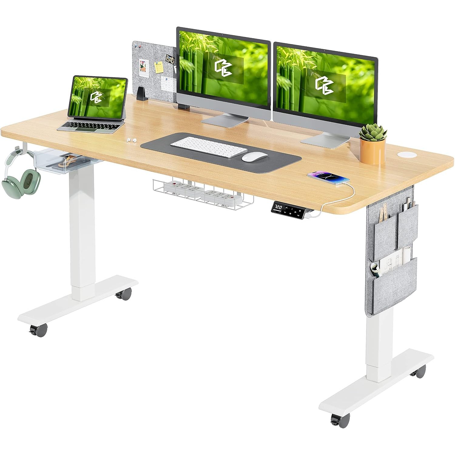 MAIDeSITe Electric Standing Desk Height Adjustable Standing Desk Sit Stand Desk Stand Up Desk with Drawer and 140 * 70cm Desktop for Home Office, White Frame+ Oak Desktop