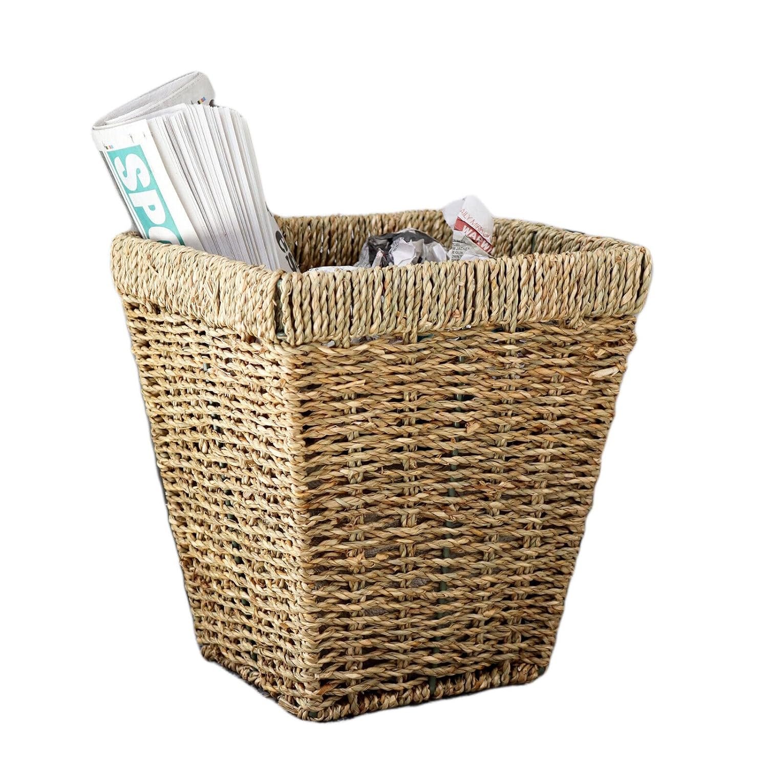 Square Seagrass Paper Bin 27cm Home Office Kitchen Waste Rubbish Lightweight Basket