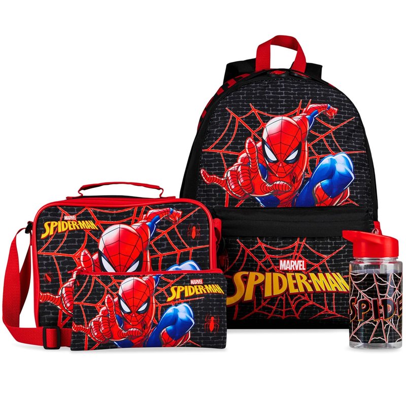 Marvel Spiderman Backpack Set 4 Pcs Kids Water Bottle 400ml Pencil Case Insulated Lunch Bag Tweens School Supplies Travel Holiday