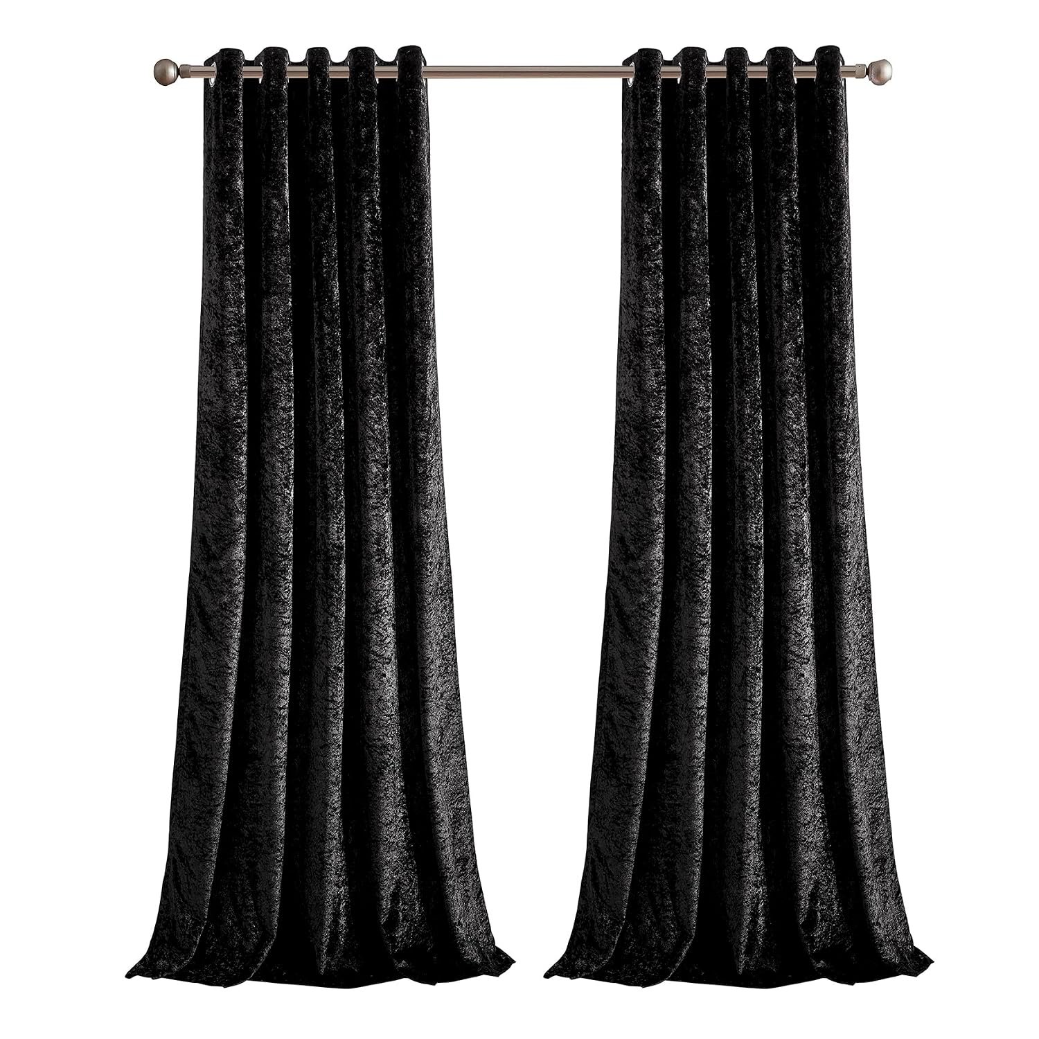 StylemyBedroom Pair of Eyelet Ring Top Thermal Crushed Velvet 100% Blackout Curtains with tie backs(Black, 66x54)