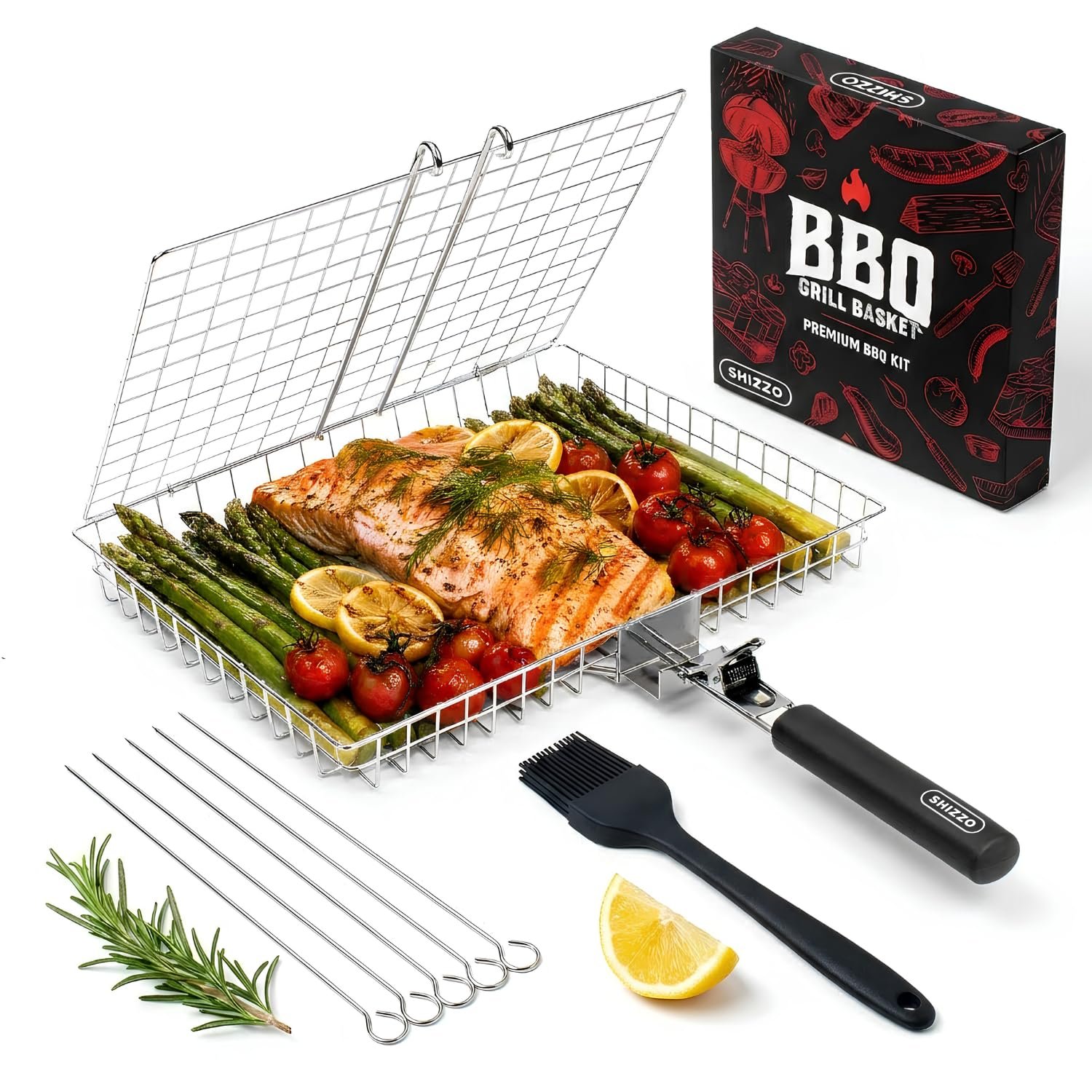 SHIZZO Grill Basket Set, Barbecue BBQ Grilling, Stainless Steel Folding Portable Outdoor Camping Rack for Fish, Shrimp, Vegetables, Cooking Accessories, Gifts for Dad, Men, husband