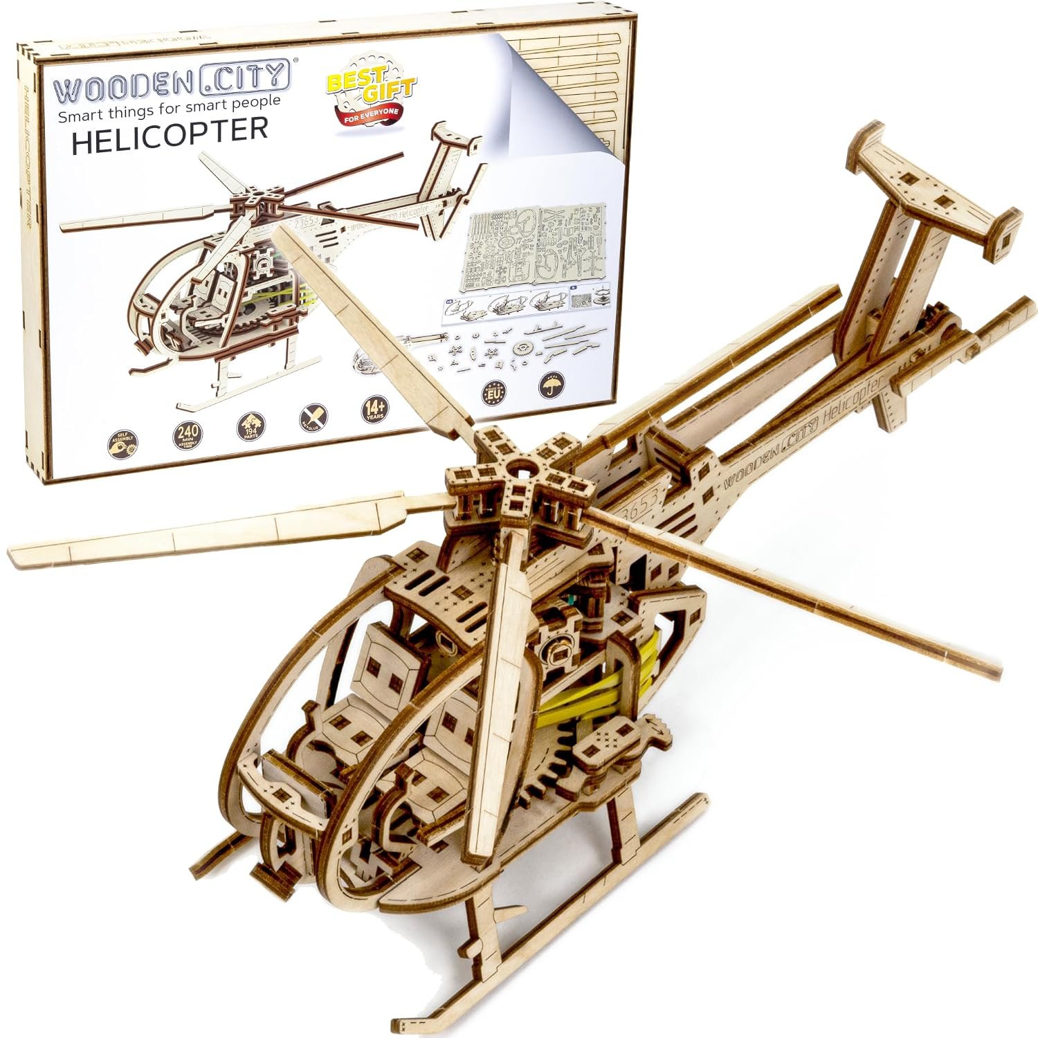 WOODEN.CITY Helicopter 3D Wooden Puzzle – Wooden Model Kit for Adults, 173-Piece Mechanical Helicopter with Working Rotor, DIY Aircraft Model