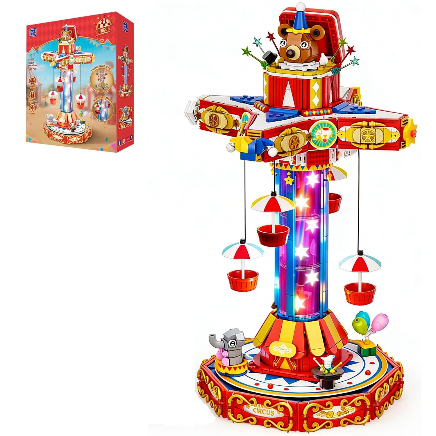 PAN TASY Circus Paradrop Building Block Set-Retro Carnival Display Model with LED Lights, Motorized Paradrop, Colorful Star Columns, Magic Box Teddy Bear & Ornaments, Type-C Powered Adult Collector