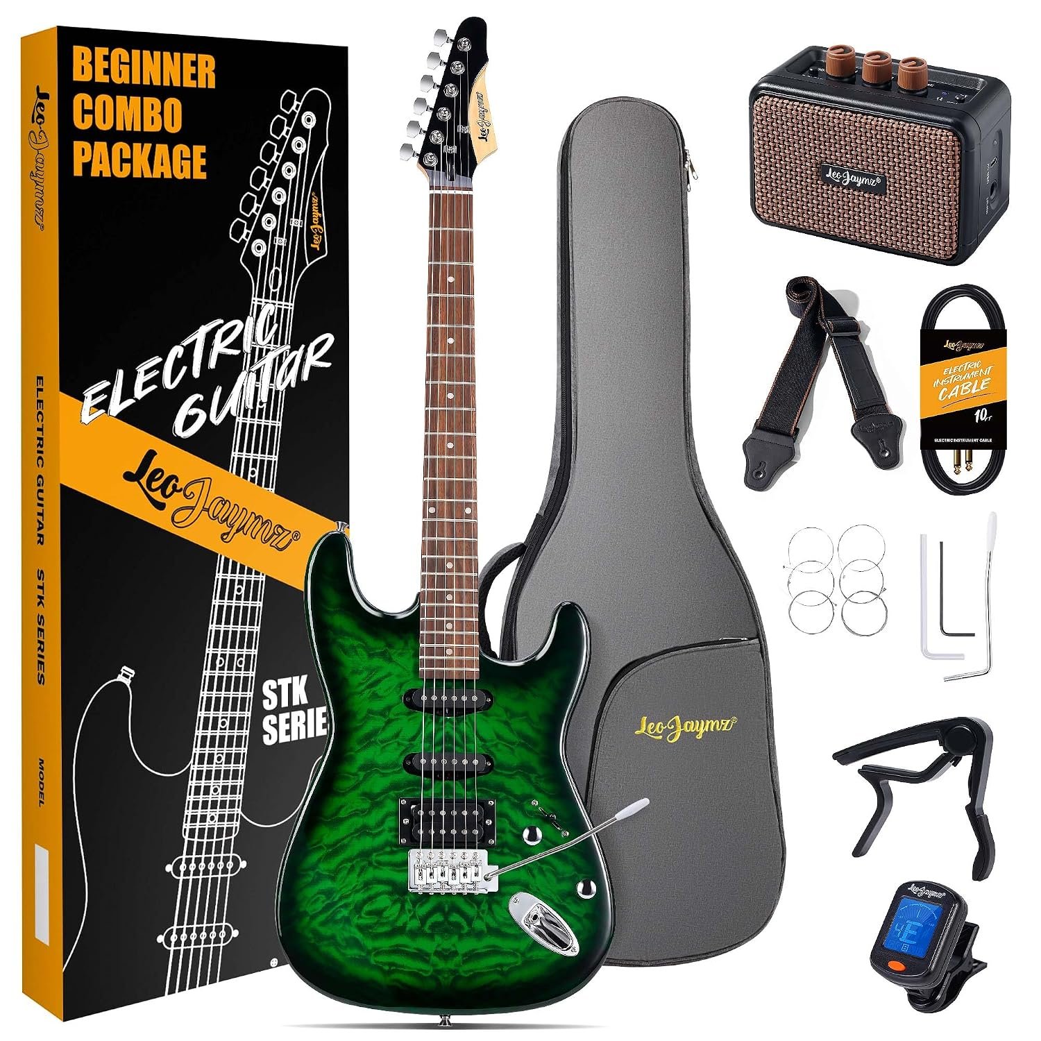 Leo Jaymz 39" Full Size ST Style Electric Guitar Starter Kit with SSH Pickup, 5W Portable Amp, Tuner, Gig Bag, Strap & Accessories(Green Ocean 5W)