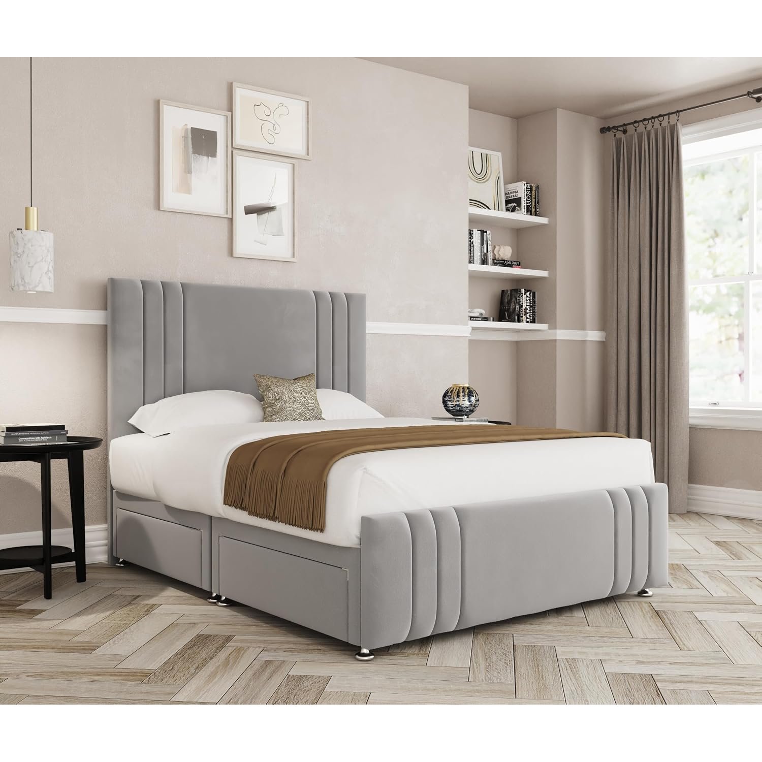 THE BED VILLAGE YORKSHIRE Ripon with Footboard Double (4ft6) Divan Bed with Premium 2000 Pocket Sprung Mattress Upgrade & Headboard | Silver Grey Plush Fabric | Premium British Timber | Handcrafted