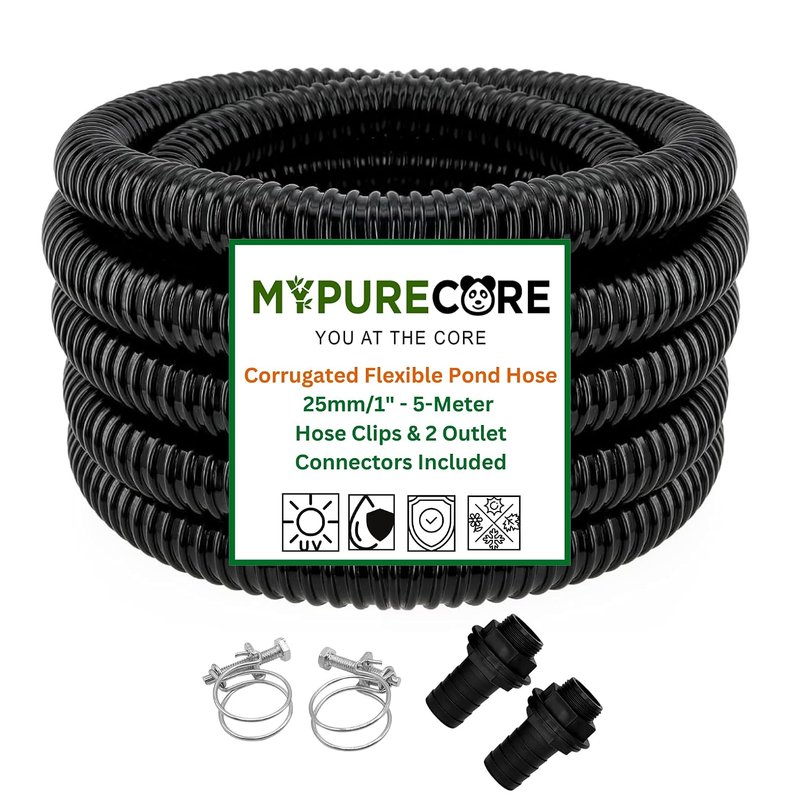 MYPURECORE Corrugated Flexible Pond Hose Set – 25mm / 1" PVC Hose with 2 Double-Wired Metal Clips & 2 Barbed Water Tank Outlet Connectors – for Pond Pumps, Waterfalls & Drainage (5-Meter)