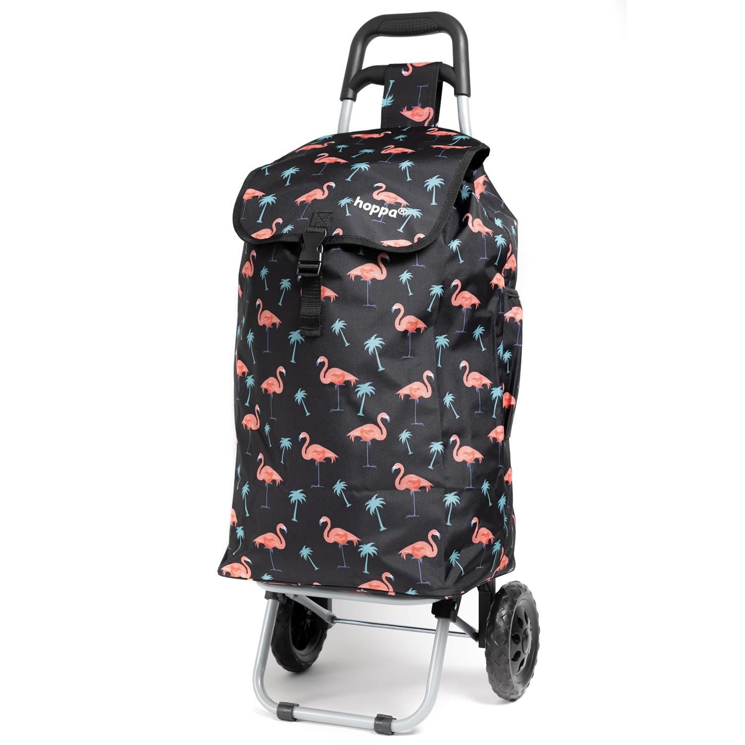 Hoppa Shopping Trolley on Wheels 57L Flamingo Print | Foldable Shopping Cart with Lightweight Frame, Secure Lid & Rear Pocket | Pull Along Trolley for Supermarket & Daily Use | Collapsible Carrier