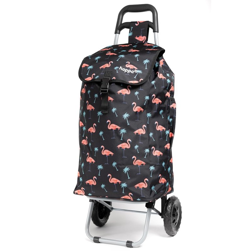 Hoppa Shopping Trolley on Wheels 57L Flamingo Print | Foldable Shopping Cart with Lightweight Frame, Secure Lid & Rear Pocket | Pull Along Trolley for Supermarket & Daily Use | Collapsible Carrier