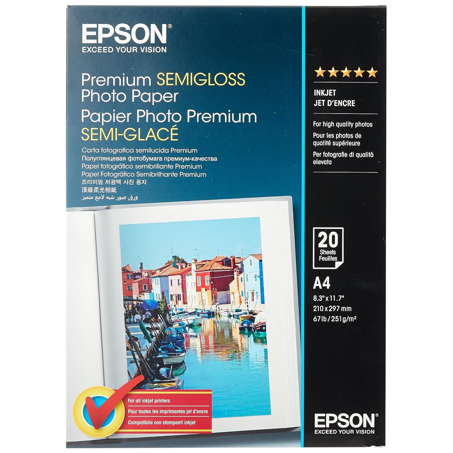 Epson C13S041332 A4 Semi-Gloss Photo Paper, White, Pack of 20