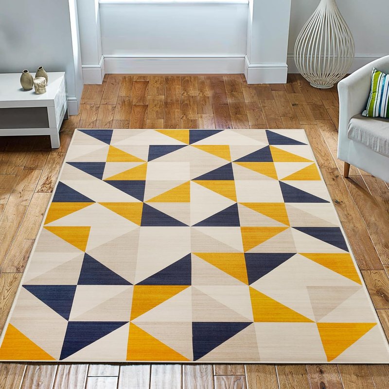 Imperial Rooms Area Rugs for Bedroom - Rugs Living Room 120 x 170 Cm - Yellow Triangle Pattern Modern Floor Carpet Non Shedding Super Soft Rug Easy Care (Brio)