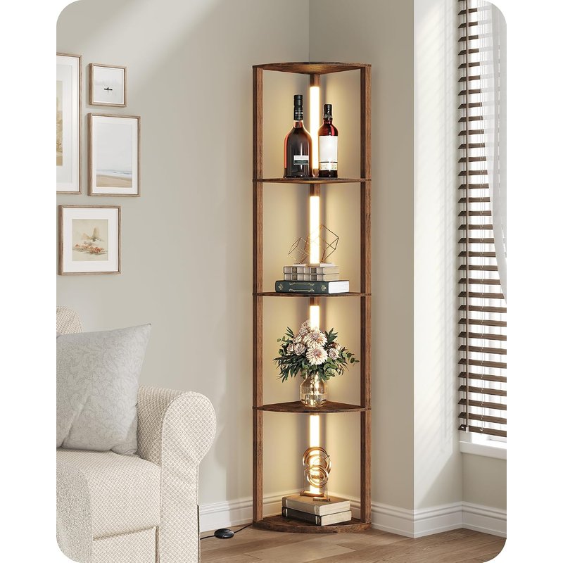 GOEBLESON Floor Lamp with Shelves, 4 Tier Wooden Standing Lamp, 360° Rotatable Pole, 3 CCT & Dimmable Corner Floor Lamps for Bedroom, Living Room, Study, Office, Rustic Brown ZF54LDK05
