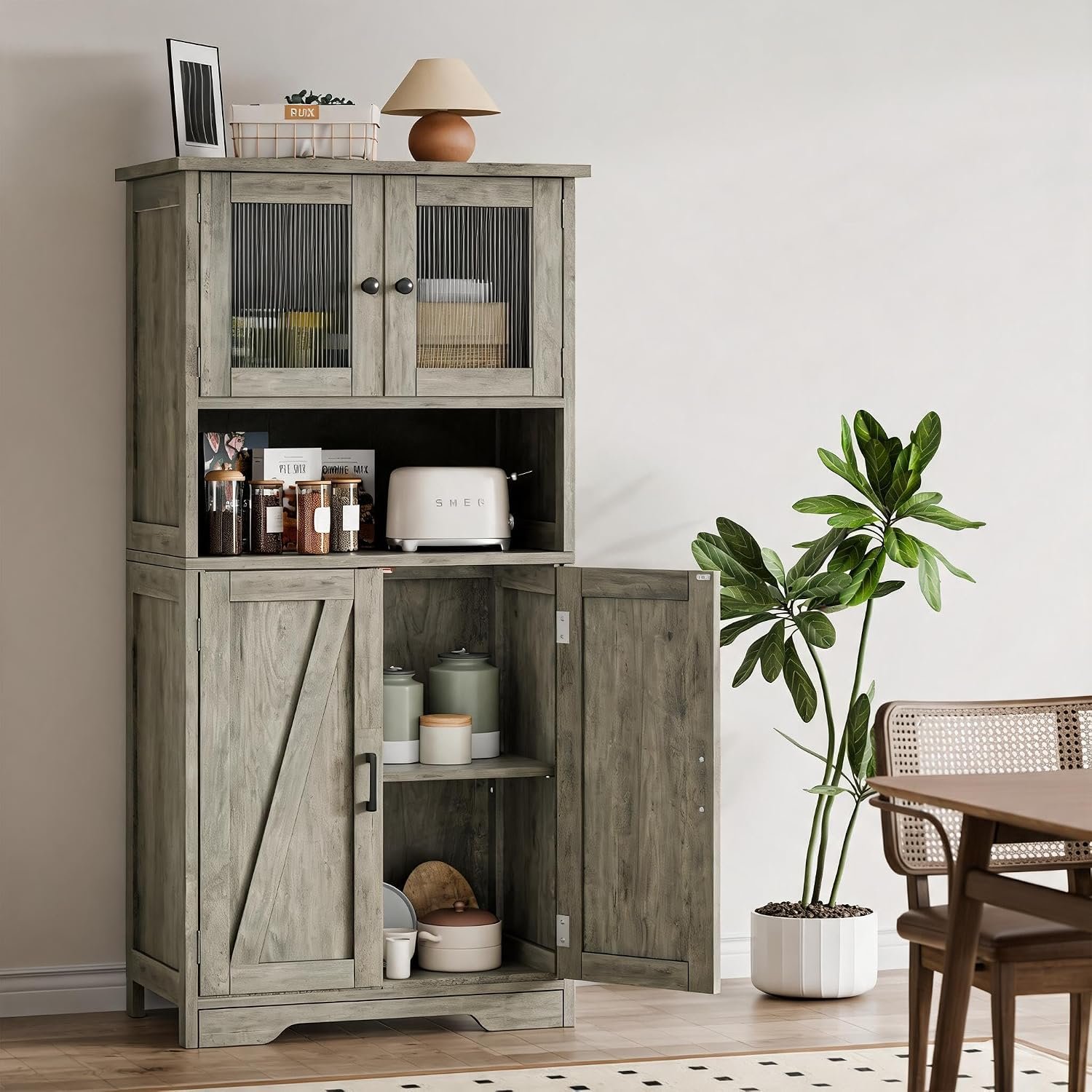 GarveeMore Kitchen Cabinet, Kitchen Cupboard with Glass Doors and Adjustable Shelves, Wooden Floor Cupboard with 4 Doors for Kitchen and Living Room Storage, Grey