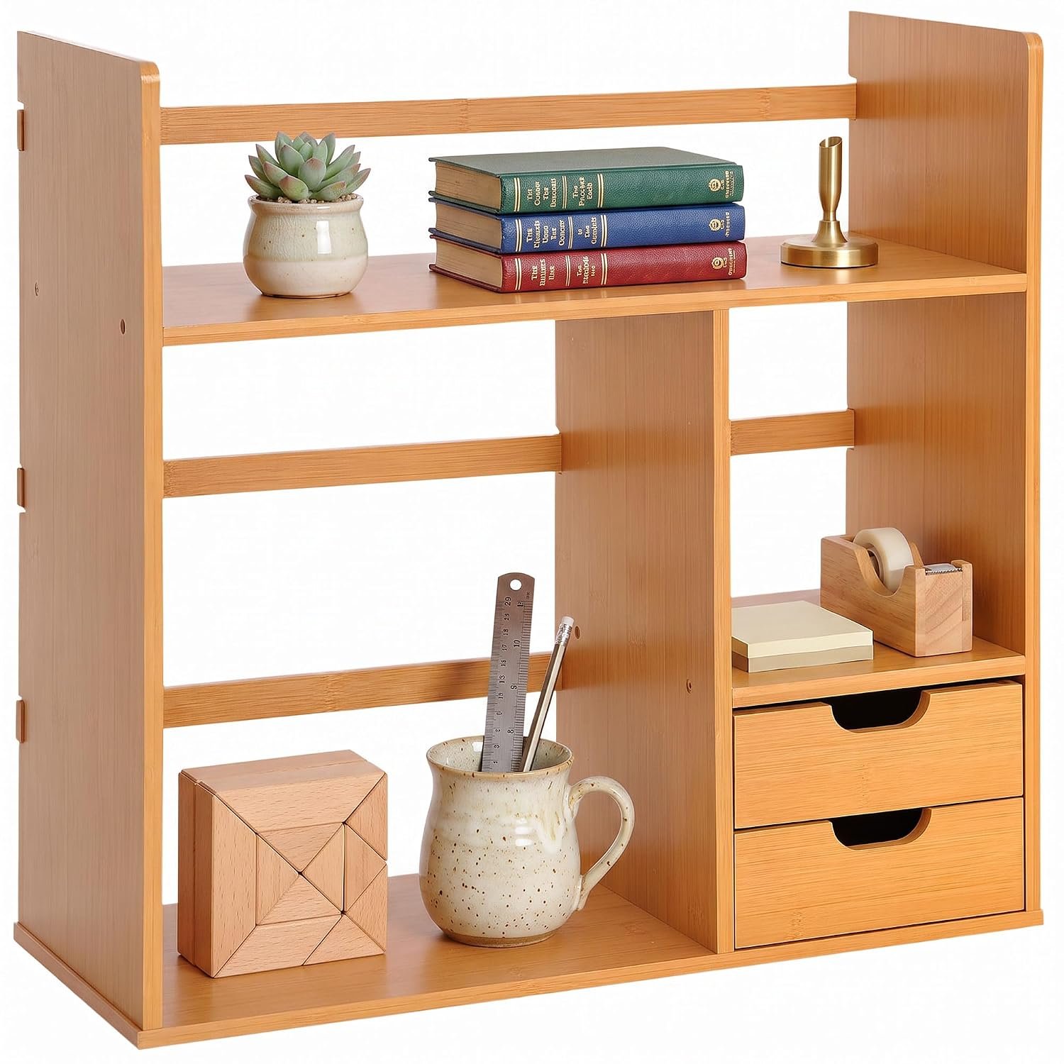 HOMCOM Desk Organiser Compartments Desktop Bookshelf Stationery Storage Shelf Document File Holder with 2 Drawers 2-way Reversed Use Bamboo