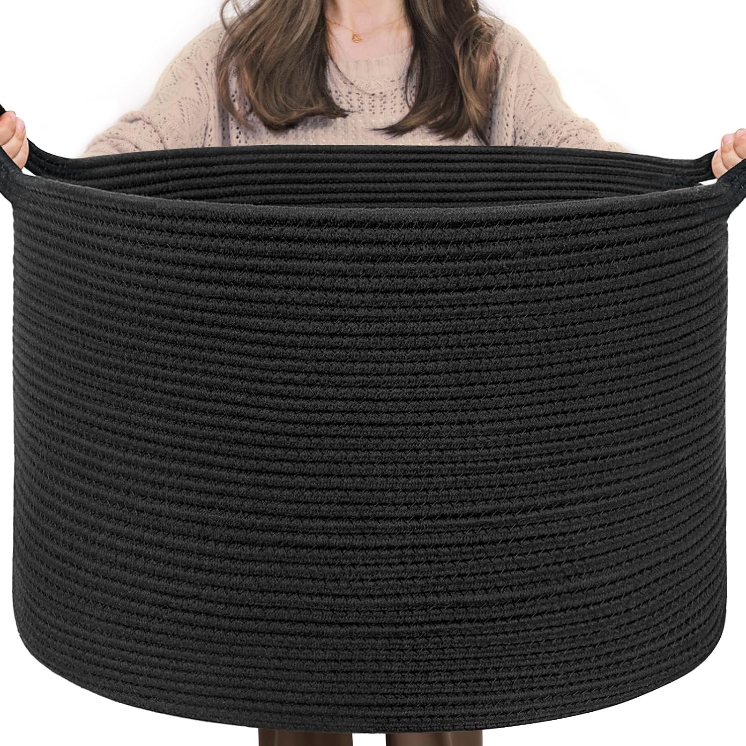 TIMEYARD XXXLarge Blanket Basket Woven Storage Baskets Soft Cotton Rope Toy Baskets Storage Kids Decorative Laundry for Home, Perfect for Living Room, 55x35cm, Black