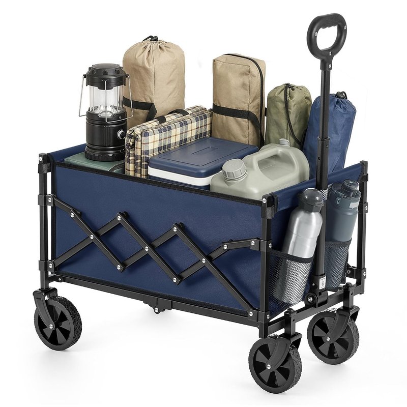 SONGMICS Festival Trolley on Wheels, Foldable Camping Cart, Pull Garden Wagon, Adjustable Handle, 4 Reinforced Wheels, Outdoor, Yard, Loads Up to 180 kg, 90 L, Midnight Blue GFW909QE01
