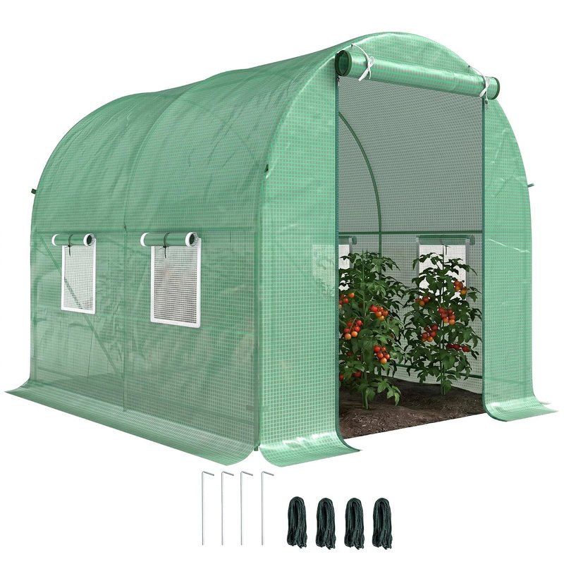 Outsunny Polytunnel Greenhouse Walk-in Green House with Roll Up Door and Mesh Windows, Steel Frame, 2 x 2.5m, Green