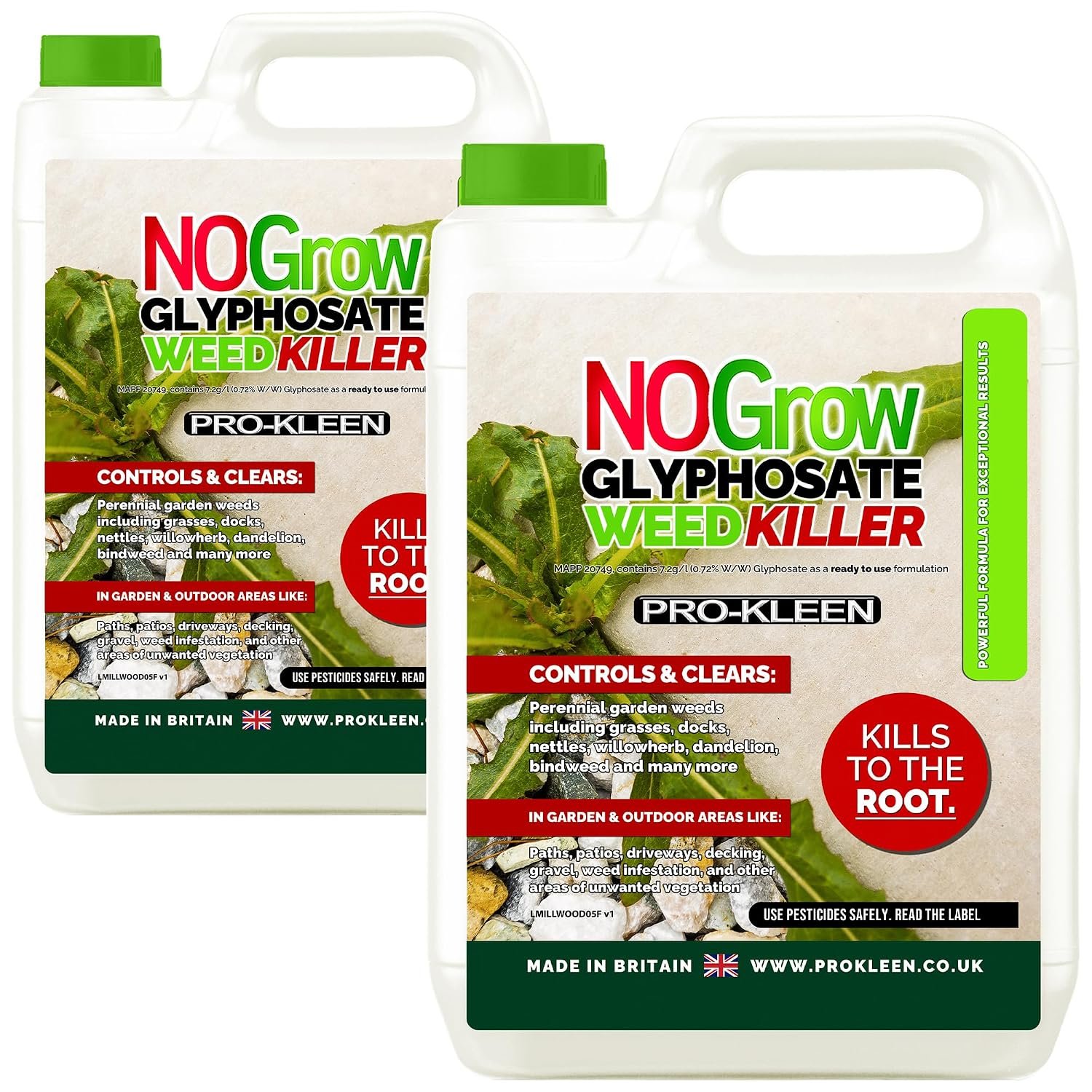 Pro-Kleen NOGROW WeedKiller 2 x 4 Litre Deep Root Killing 7.2g/l Glyphosate Weed Killer Ready to Use Formula Supplied with Spray Head & Hose