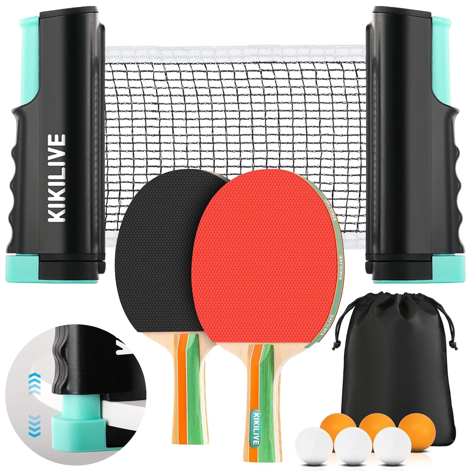 KIKILIVE 2 Player Table Tennis Set, Ping Pong Set with Retractable Net, 2 Rackets, 6 Balls & Carry Bag, Portable All-in-One For Indoor Outdoor