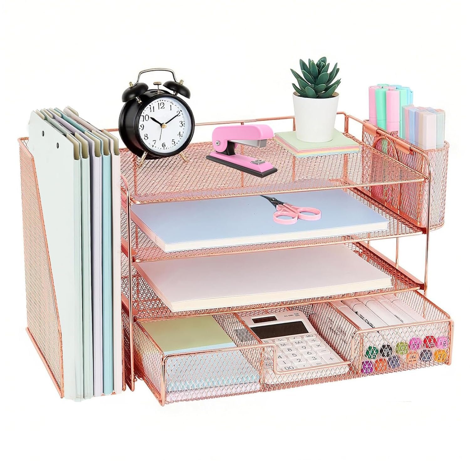 Yeqqzq 4-Tier Desk Organiser and Accessories with File Holder, Desk File Organiser with Drawer and 2 Pen Holder, Paper Organizer for Office Supplies (Rose Gold)