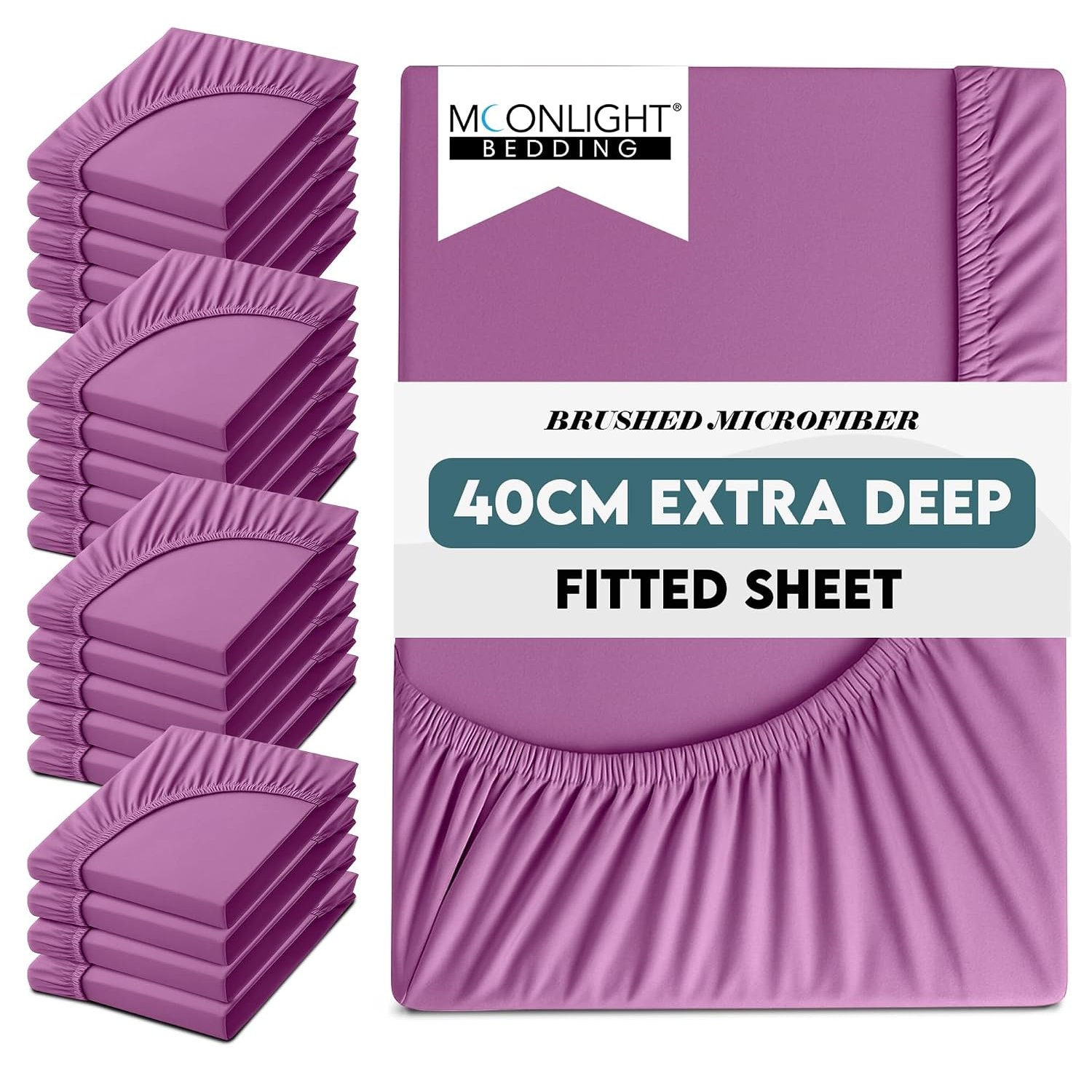Moonlight Bedding King Size Fitted Sheets 20 Pack 40CM Purple Bed Sheet with Elastic Corners 16 Inch Extra Deep Pocket Brushed Microfiber Easy Care Breathable Shrinkage Fade-Resistant