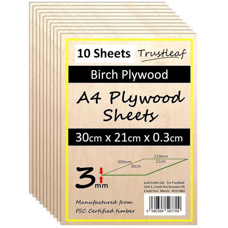 Trustleaf 3mm Birch Plywood A4-300x210x 3mm - (Pack of 10) Laserable Low Fume E1 Glue Ply