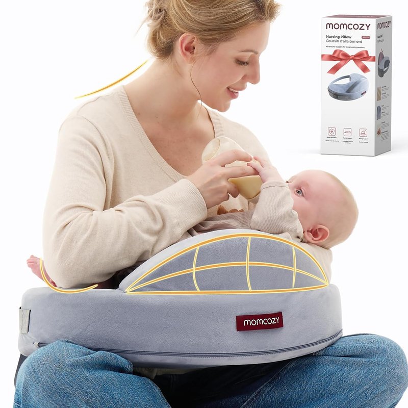 momcozy Memory Foam Nursing Pillow, Ergonomic Breastfeeding Cushion with Safety Fence, Wide Support & Adjustable Strap, Removable Velvet Cover, Grey