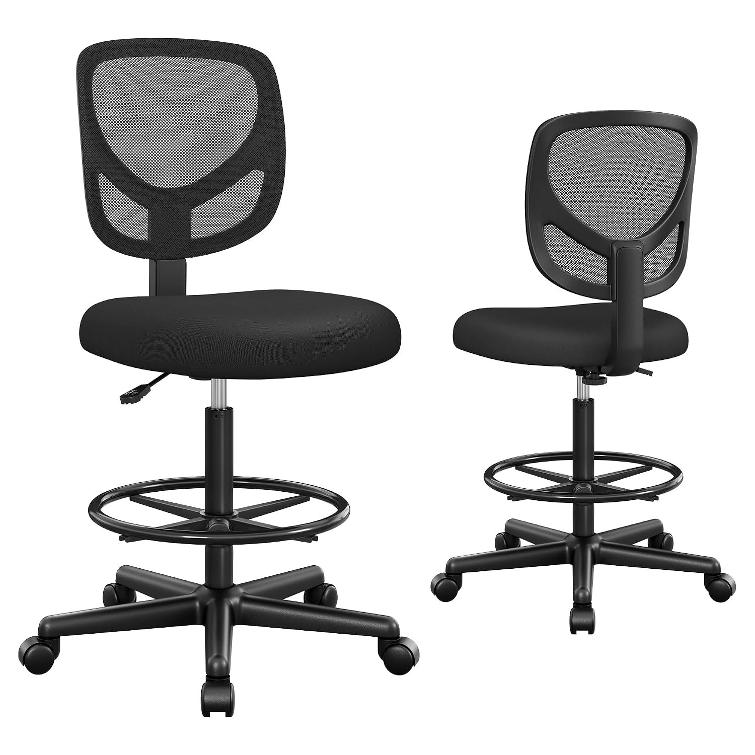 SONGMICS Drafting Stool Chair, High Office Chair, Ergonomic Painting Chair with Adjustable Height Footrest, Standing Desk Chair, Seat Height 55-75 cm, Loading Capacity of 120 kg, Black OBN15BKUK