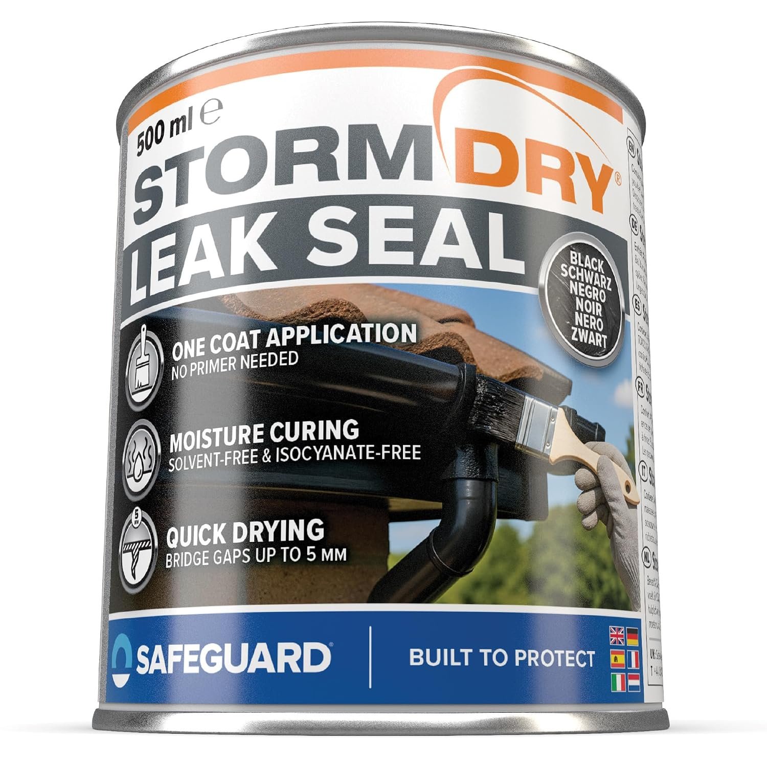 Stormdry One Coat Liquid Rubber Leak Seal (500ml, Black) | Quick-Dry Waterproof Leak Sealer for Emergency Roof and Gutter Repair on Brick, Concrete, Metal, Roof Felt | Self-Levelling