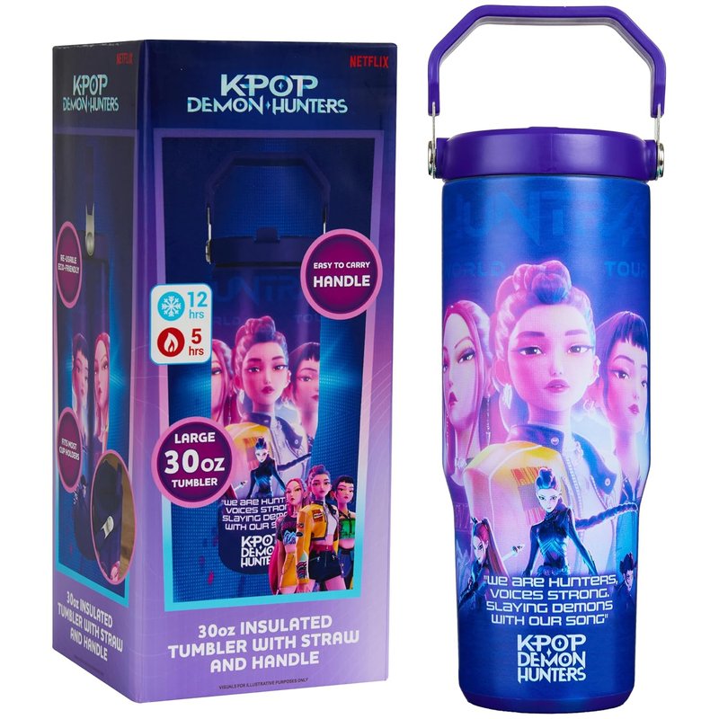 KPop Demon Hunters Official Tumbler 30oz/850ml, Insulated Water Bottle with Straw & Handle, Leakproof Stainless Steel Metal Flask for Hot Cold Drinks