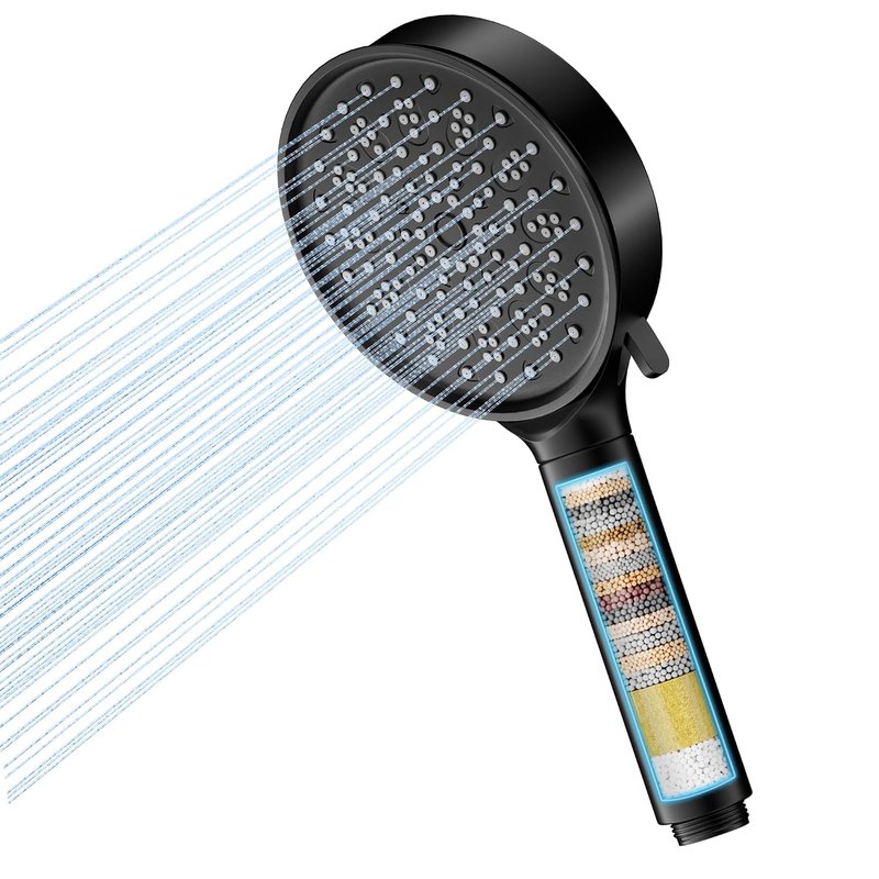 Hard Water Filter Shower Head with 6 Spray Modes, High Pressure Water Saving Shower Head with 20 Layers Filtration, Power Shower Heads with Showerhead Filter for Residual Chlorine Remove, Black
