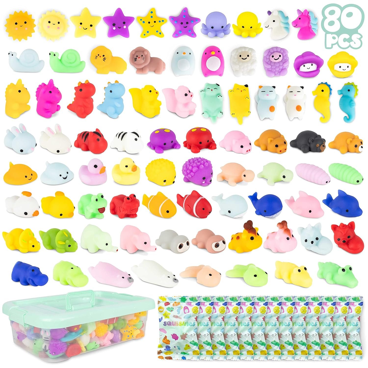 BONNYCO Mochi Squishy Toys for Party Bag Fillers for Kids Unisex, Pack 80 Kids' Party Favours. Squishy Fidget Toys Pack, Pinata Filler Boys Girls. Return Gifts Birthday, Classroom Prizes Kawaii