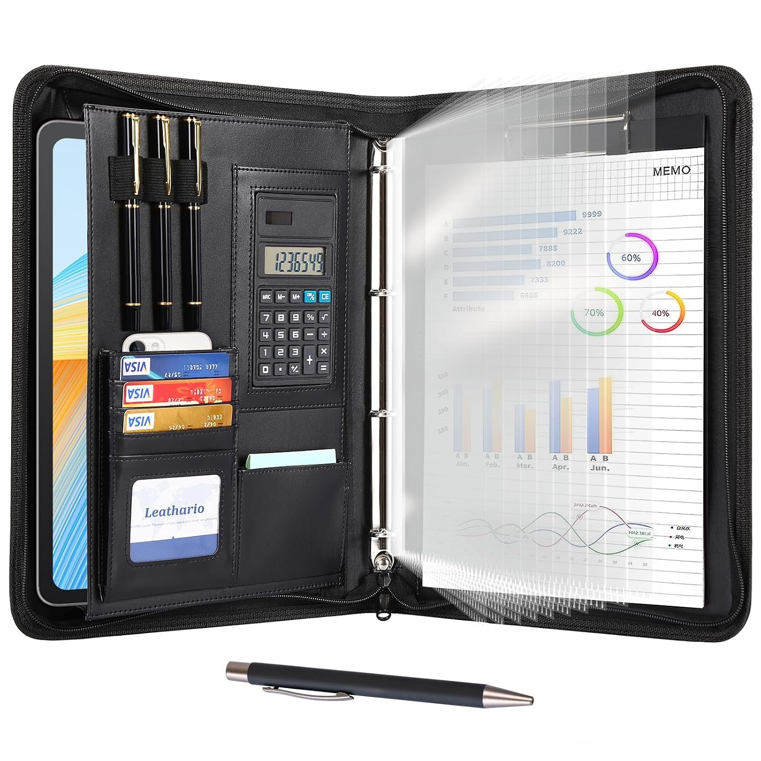 Leathario Portfolio Folder A4, Vegan Leather 4-Ring Conference Folder, Includes 10 Clear Sheet Protectors and a Pen, Multi-Pocket Travel Document Holder, Folder Organiser, Office Supplies